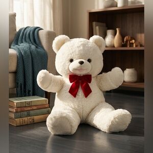 Plush White Teddy Bear with Red Bow - Soft Home Accent